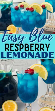 the blue raspberry lemonade is served in glasses and garnished with berries