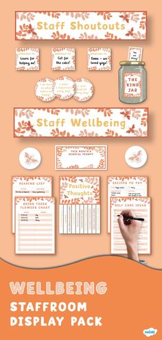 an orange and white stationery set with writing on it, including the words'well being