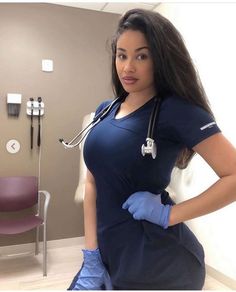 Navy blue curves with straight hair and light brown tones. Pleasant work environment Nurse Dress Uniform, A Woman