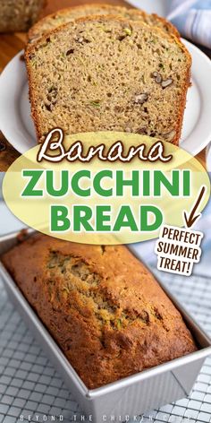 banana zucchini bread in a loaf pan on a cooling rack with text overlay