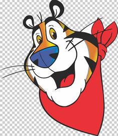 a cartoon tiger with a red cape on his head, and eyes wide open to the side