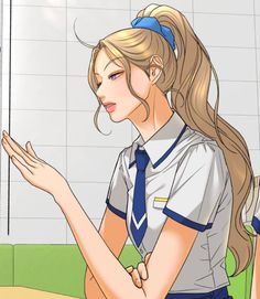 a girl with long hair wearing a school uniform and holding her hand out to the side