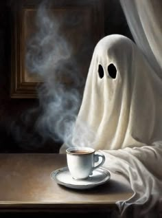 a cup of coffee on a saucer in front of a ghost with black eyes