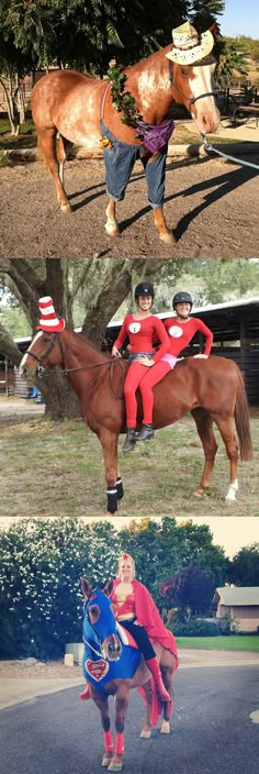 two women are riding horses and one is wearing a cowboy hat while the other has a horse