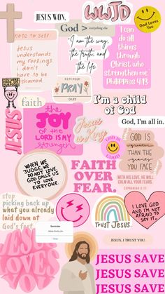 a collage of pink and white images with the words jesus saves us, god loves us