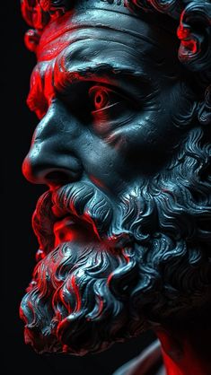 a close up of a statue with red light coming from its eyes and beards