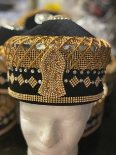 Hand made luxury hat Size 23 medium Gold embellished hat Luxury High Crown Hats For Men, Luxury Gold Hat With Structured Crown, Luxury Gold Festival Hat, Traditional Handmade Gold Hat, Luxury Gold Hat Headpiece, King Hat, Luxury Hats, Gold Hats, African Hats