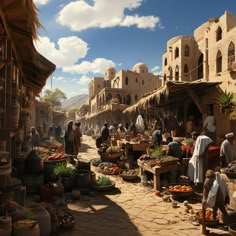 people are shopping in an outdoor market with stone buildings and cobblestone pavements