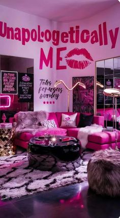 a living room filled with pink furniture and lots of neon signs on the wall behind it