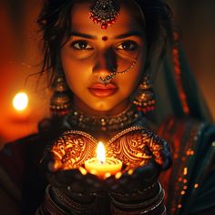 a woman holding a lit candle with her hands in front of her face and wearing jewelry