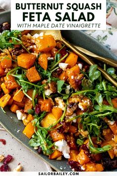 butternut squash and feta salad with maple date vinaigrete on a plate