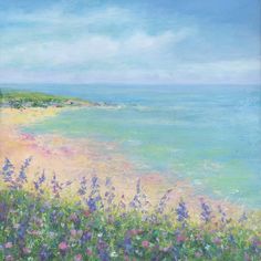 an oil painting of a beach with flowers in the foreground