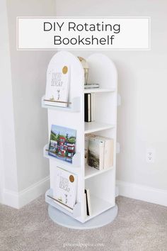 the diy rotating bookshelf with text overlay that says diy rotating bookshelf