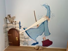 a child's room with a painted mural on the wall and a dog laying on the floor