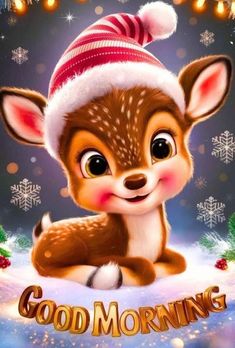 a cute little deer wearing a santa hat