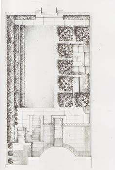 an architectural drawing of a courtyard with plants growing on the walls and in the ground