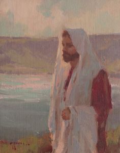 an oil painting of a man standing in front of the ocean