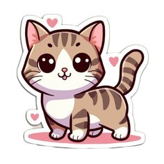 a cat sticker with hearts on it's chest and eyes, standing in front of