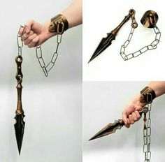 two pictures of hands holding chains and an umbrella with chain attached to it, one has a large knife in the other's hand