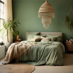 a bed with green sheets and pillows in a bedroom next to a potted plant