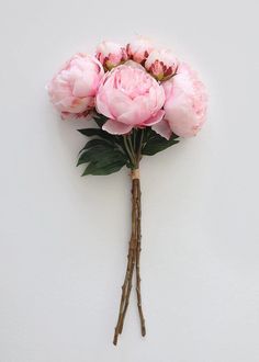 a bunch of pink flowers sitting on top of a white wall