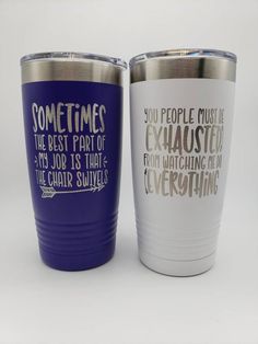 two purple and white tumblers that say sometimes the best part of exhausted is watching over you