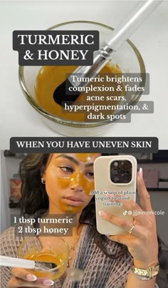 Black Skin Care Tips, Tumeric And Honey Mask, Turmeric Face Wash Recipe, Diy Tumeric Face Mask, Honey For Skin, Turmeric And Honey, Natural Skin Care Ingredients, Diy Beauty Treatments, Tumeric Face Mask