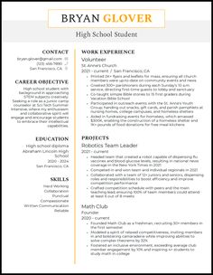 a high school student's resume is shown in this format for students to use