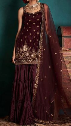 Maroon Dress Indian, Sharara Designs Party Wear Indian Weddings, Maroon Sharara, Velvet Sharara, Maroon Lehenga, Velvet Suit Design, Indian Suits For Women, Sharara Designs, Designer Anarkali Dresses