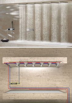 two different views of a shower head with water coming from it and the same view of an overhead shower head