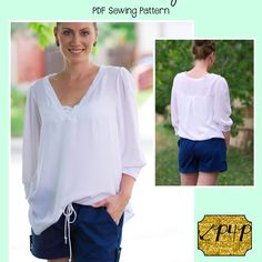 a woman wearing shorts and a white top with the words sewing pattern for women's clothing