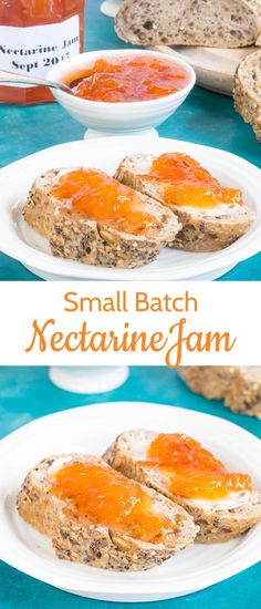 small batch nectarine jam on toasted english muffins with orange marmalade