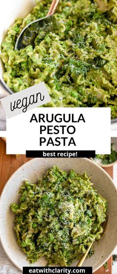 a bowl filled with pesto next to another bowl full of pesto and the text vegan arugula pesto pasta best recipe