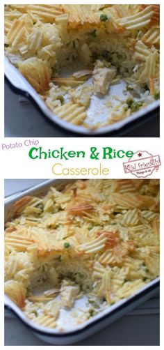 chicken and rice casserole is shown in two separate pans with the same side