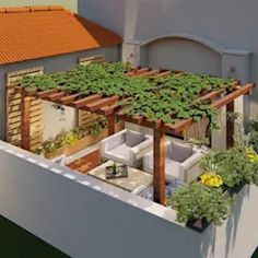 an aerial view of a house with plants growing on it's roof and patio