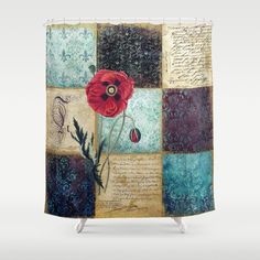 a red flower on a patchwork background shower curtain