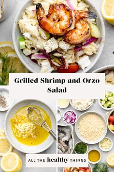 grilled shrimp and orzo salad with all the healthy things to eat in it