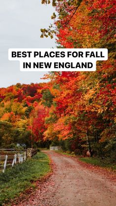 a dirt road surrounded by colorful trees with the words best places for fall in new england