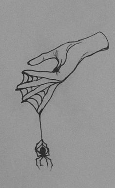 a drawing of a hand holding a spider with it's web on the end