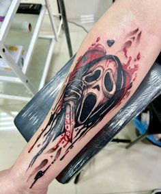 Horror Tattoo Designs Drawings, Grunge Tattoos For Women, Horror Film Tattoo, Slasher Tattoo, Scream Tattoo Ghostface, Ghostface Tattoo Design, Scream Tattoos, Horror Tattoo Designs, Ghostface Tattoo