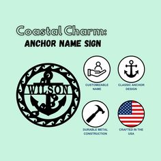 Metal wall art anchor family name sign features and benefits Anchor Signs, Hallway Wall Art, Backlit Signs, Front Gate, Nautical Wall Decor, Anchor Design, Monogram Signs, Nautical Wall, Custom Metal Signs