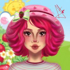 a painting of a girl with pink hair and a bow on her head wearing a hat