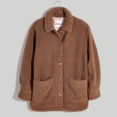 Made Of Textural (And Recycled) Italian Faux Shearling, This Perfectly Oversized Jacket Is Styled Like A Vintage Work Shirt With Slouchy Drop Shoulders And A Just-Right Longer Length. Supercozy With Hand-Warming Patch Pockets. Regular Fit. Body Length: 32 1/2". 58% Recycled Wool/28% Polyamide/12% Polyester/2% Other. Do Well: Made With Recycled Fibers That Would Have Otherwise Ended Up In Landfills. Dry Clean. Import. Item Nh467 Madewell Jacket, Oversized Jean Jacket, Green Utility Jacket, Army Jacket, Light Blue Shirts, Work Shirt, Oversized Jacket, Fit Body, Madewell Denim