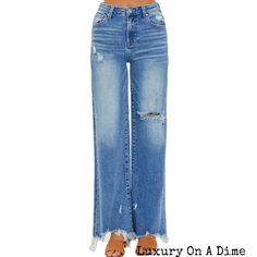 Non-stretch Flare Jeans With Frayed Hem, High Rise Non-stretch Pants With Frayed Hem, Non-stretch High Rise Pants With Frayed Hem, Chic High-waisted Distressed Jeans, Non-stretch High Rise Jeans With Frayed Hem, Chic Non-stretch Jeans With Frayed Hem, Chic Medium Wash Non-stretch Jeans, Chic Distressed Wide Leg Pants, Trendy Non-stretch Distressed Flare Jeans