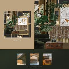 a brochure design for a hotel with palm trees in the room and pictures on the wall