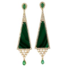 Check out this item from 1stdibs! 16.46 Carat Emerald Malachite Diamond 14 Karat Gold Pyramid Earrings: https://www.1stdibs.com/id-j_17010922 Malachite Earrings, Stunning Earrings, Mens Jewelry Bracelet, Top Seller, Diamond Gemstone, Pave Diamonds, Pyramid, Luxury Jewelry, Earrings Handmade