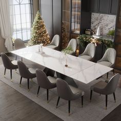 a dining room table with chairs and a christmas tree in the corner next to it