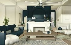 a living room filled with furniture and a fire place next to a white fireplace mantle