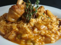 a white plate topped with rice and meat covered in gravy, garnished with parsley