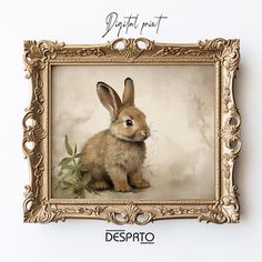 a painting of a rabbit in a gold frame with the words despato on it